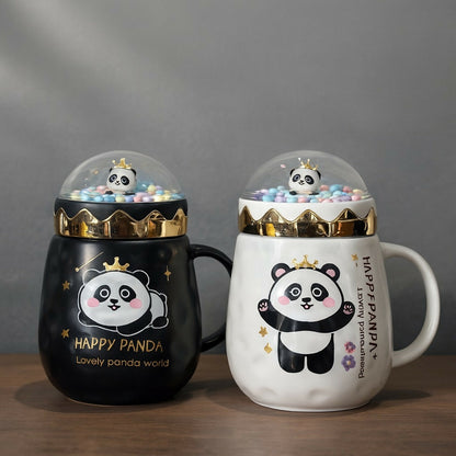 Happy Panda Ceramic Mug with Dome Lid & Golden Crown | Cute Gift for Kids & Girls