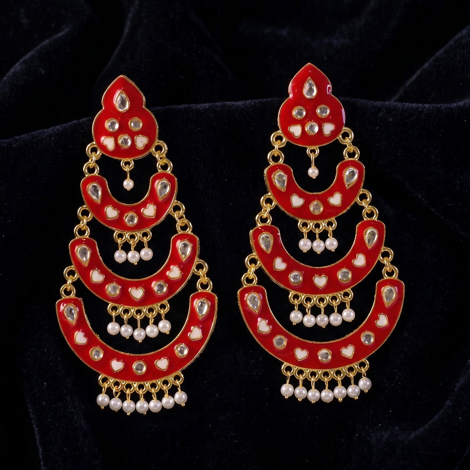 Red Layered Chandbali Earrings with Pearls for Women