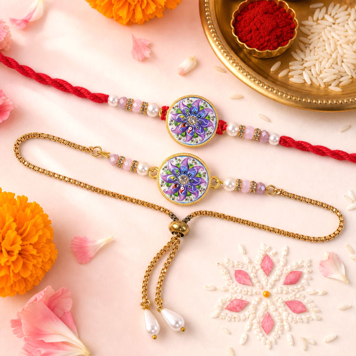 Round Mosaic Floral Bhai Bhabhi Lumba Rakhi with Pearl Drop Pair