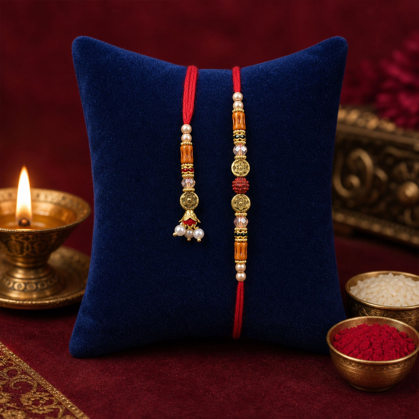 Graceful Beaded Minimal Design Bhai Bhabhi Rakhi with Beads and Charm for Gifting
