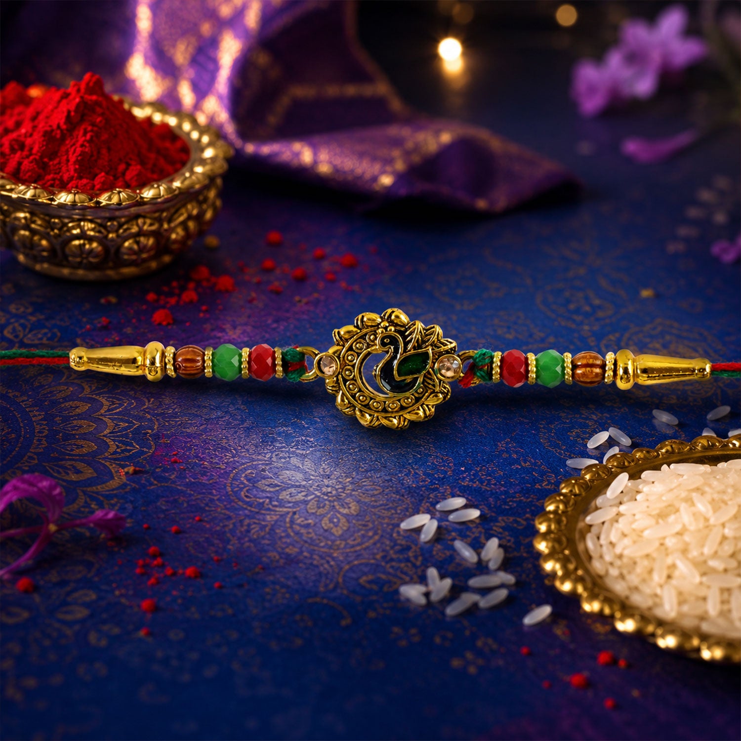 Green Peacock Enamel Rakhi with Golden Medallion, Multicolor Beads and Red Thread