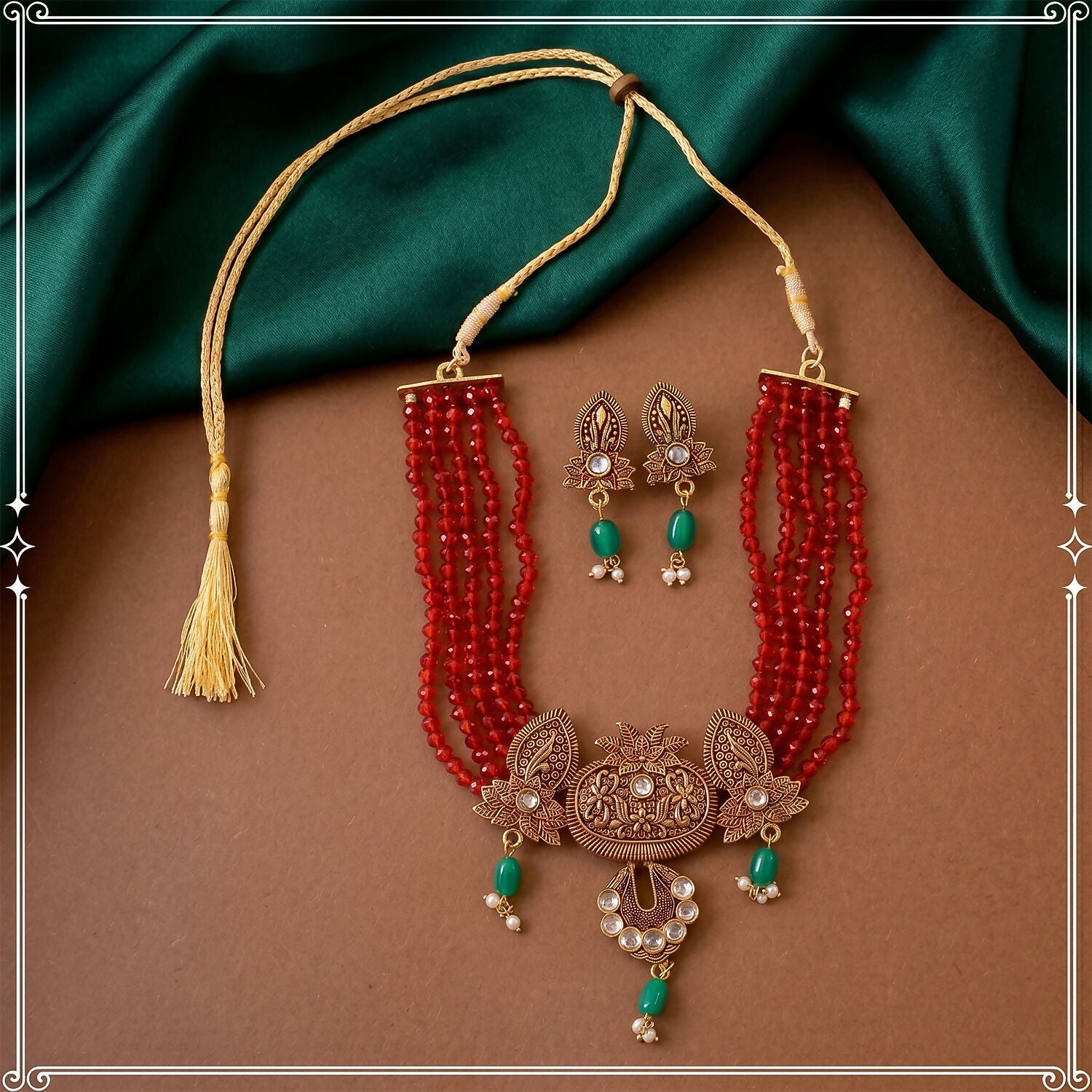 Adjustable thread closure on maroon beaded necklace