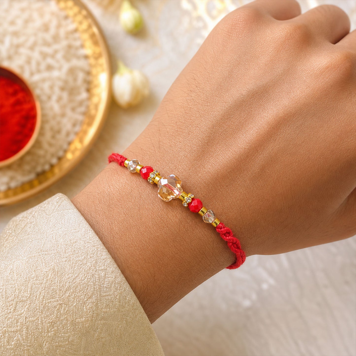 Red Thread Rakhi with a Row of Sparkling Crystal Bead Pendant Accents