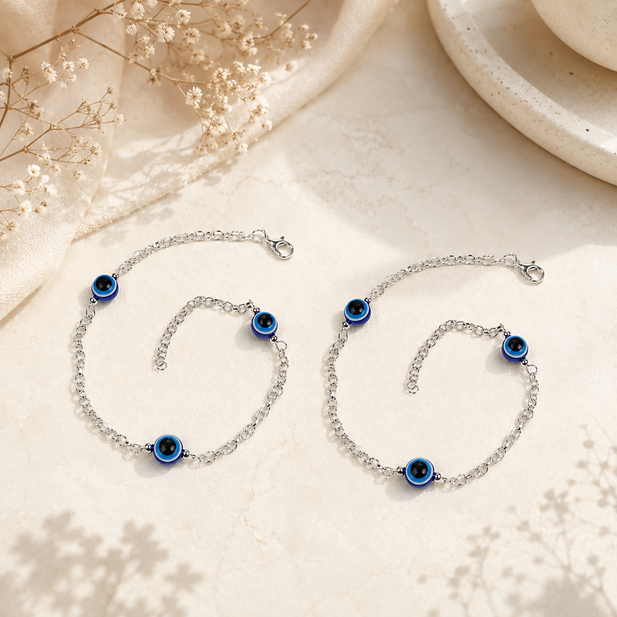 Silver-Plated Evil Eye Anklet Pair for Women - Adjustable & Stylish
