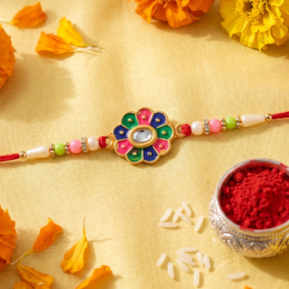 Multicolor Flower Rakhi with Pastel Beads and Fresh Festive Look