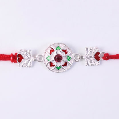 Silver Decorative Rakhi for Boys with Red and Green Accents