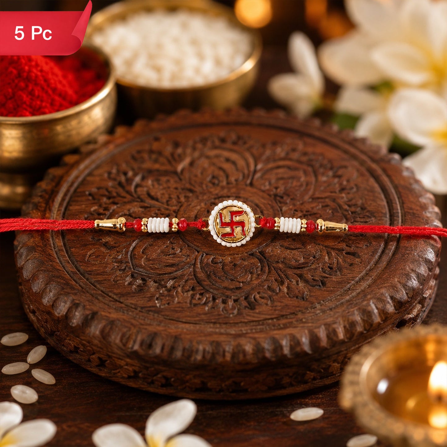 Swastik Pearl Frame Rakhi Traditional Tie for Brothers (5pcs)