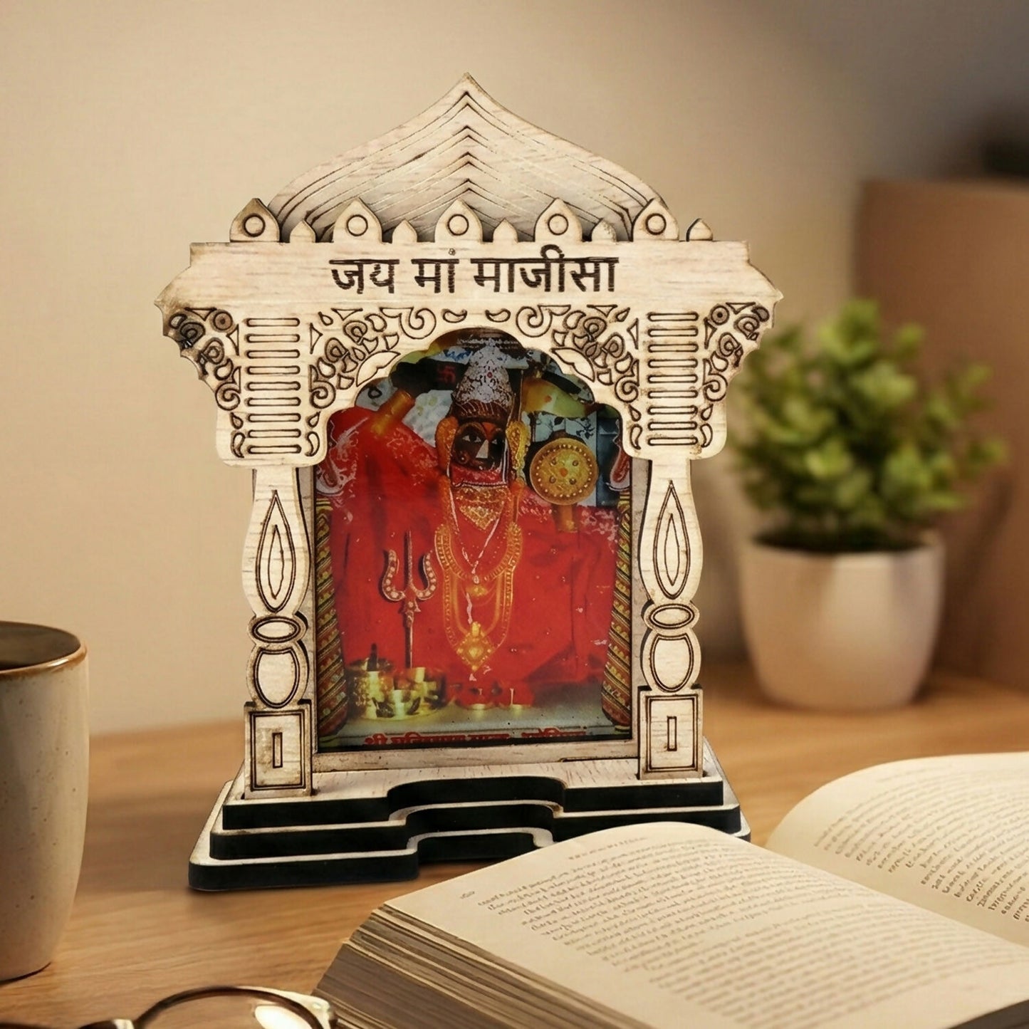Wooden Maa Majisa Temple Frame Idol for Car Dashboard, Home Mandir & Office Decor