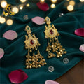 Kashmiri Heritage Gold Dangler Earrings with Red Teardrop Stone