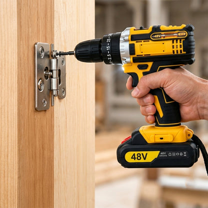 A person's hand holds a yellow and black cordless drill, screwing into a silver door hinge on light wood.
