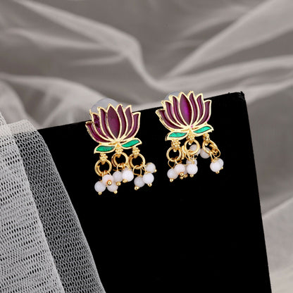 Gold-Toned maroon-Green Enamel Lotus & Pearl Choker Set