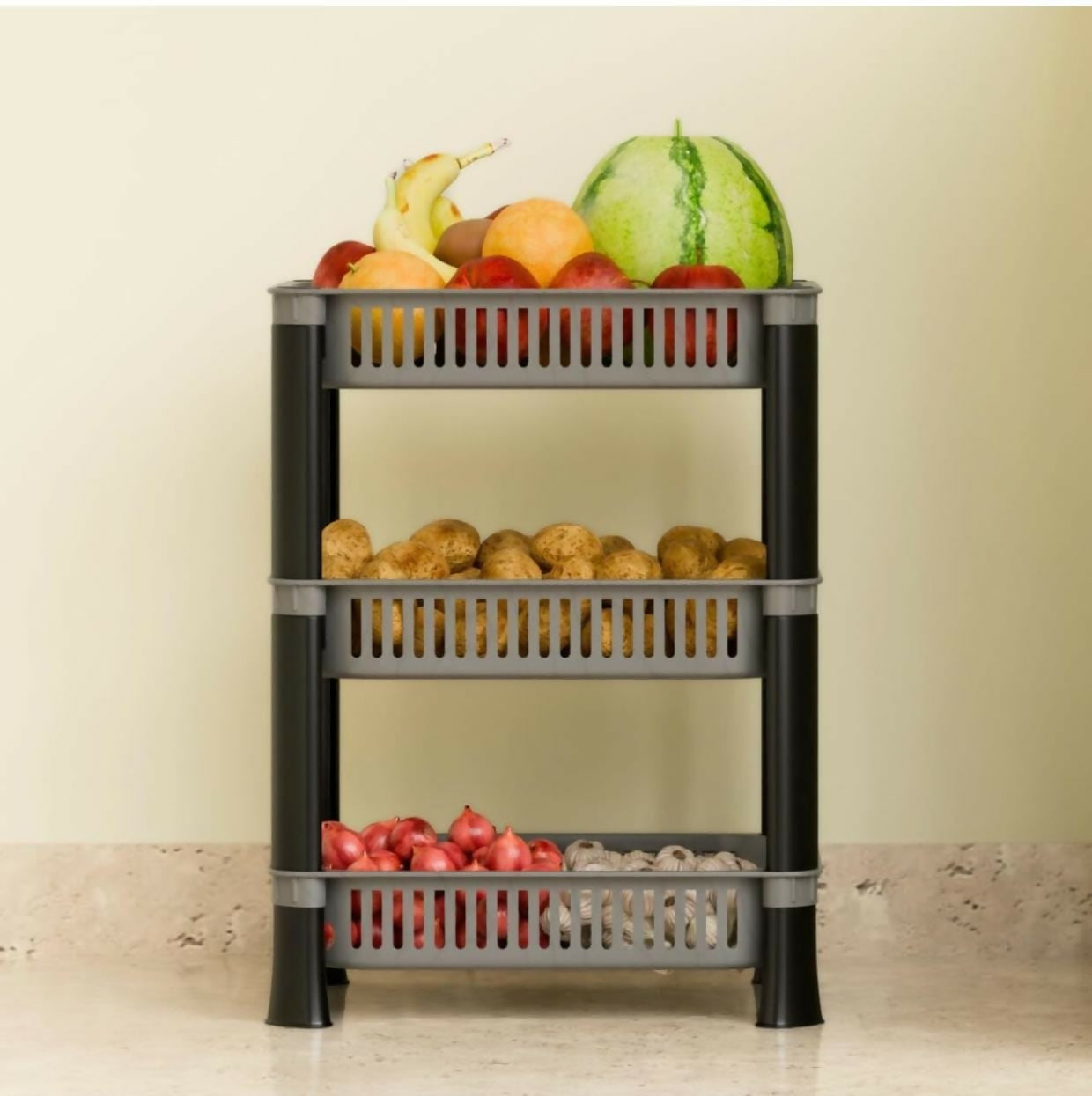 3 Step Kitchen Storage Basket made of durable plastic with three tiers for vegetables and fruits