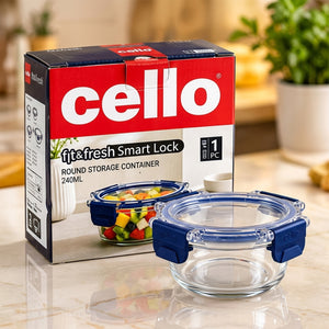 Cello 240ml Round Glass Food Storage Container with Smart Lock Lid (1 Pc)
