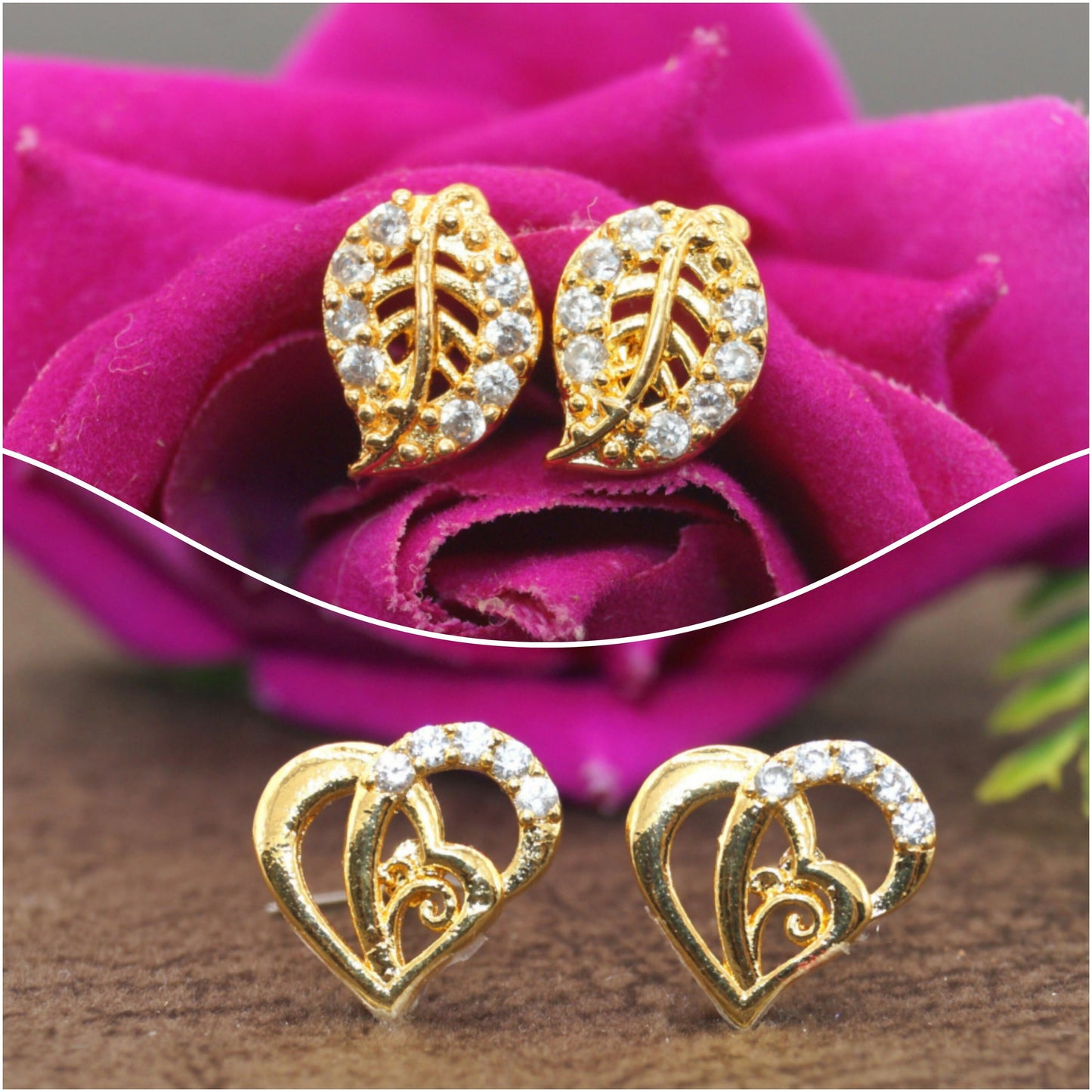 Gold Plated AD Stud Earrings Combo: Heart & Leaf Designs for women and girls Combo Pack of 2