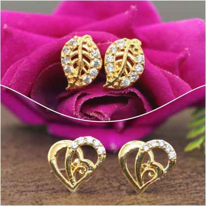 Gold Plated AD Stud Earrings Combo: Heart & Leaf Designs for women and girls Combo Pack of 2