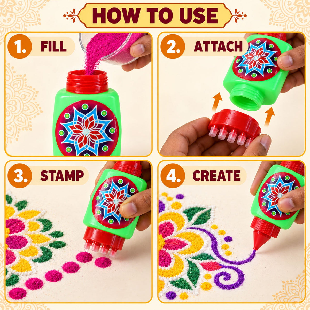 A four-panel image demonstrating how to fill, attach, stamp, and create designs with the rangoli powder bottles.