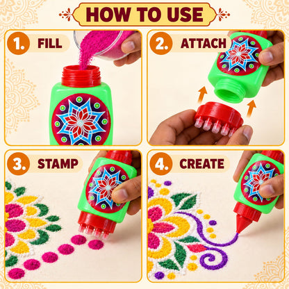 A four-panel image demonstrating how to fill, attach, stamp, and create designs with the rangoli powder bottles.