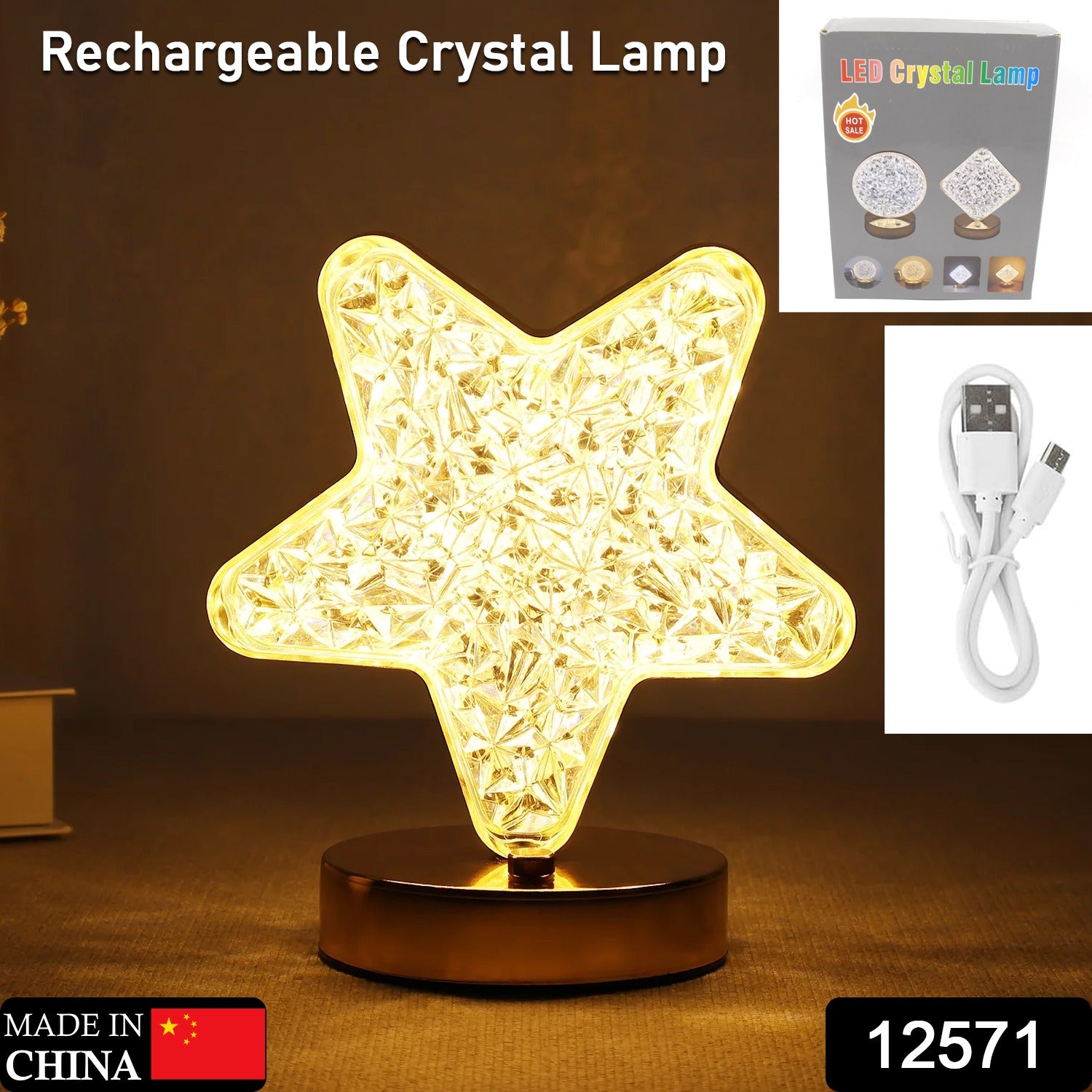 Star Crystal Diamond Touch Lamp – USB Rechargeable, 3-Way Dimmable