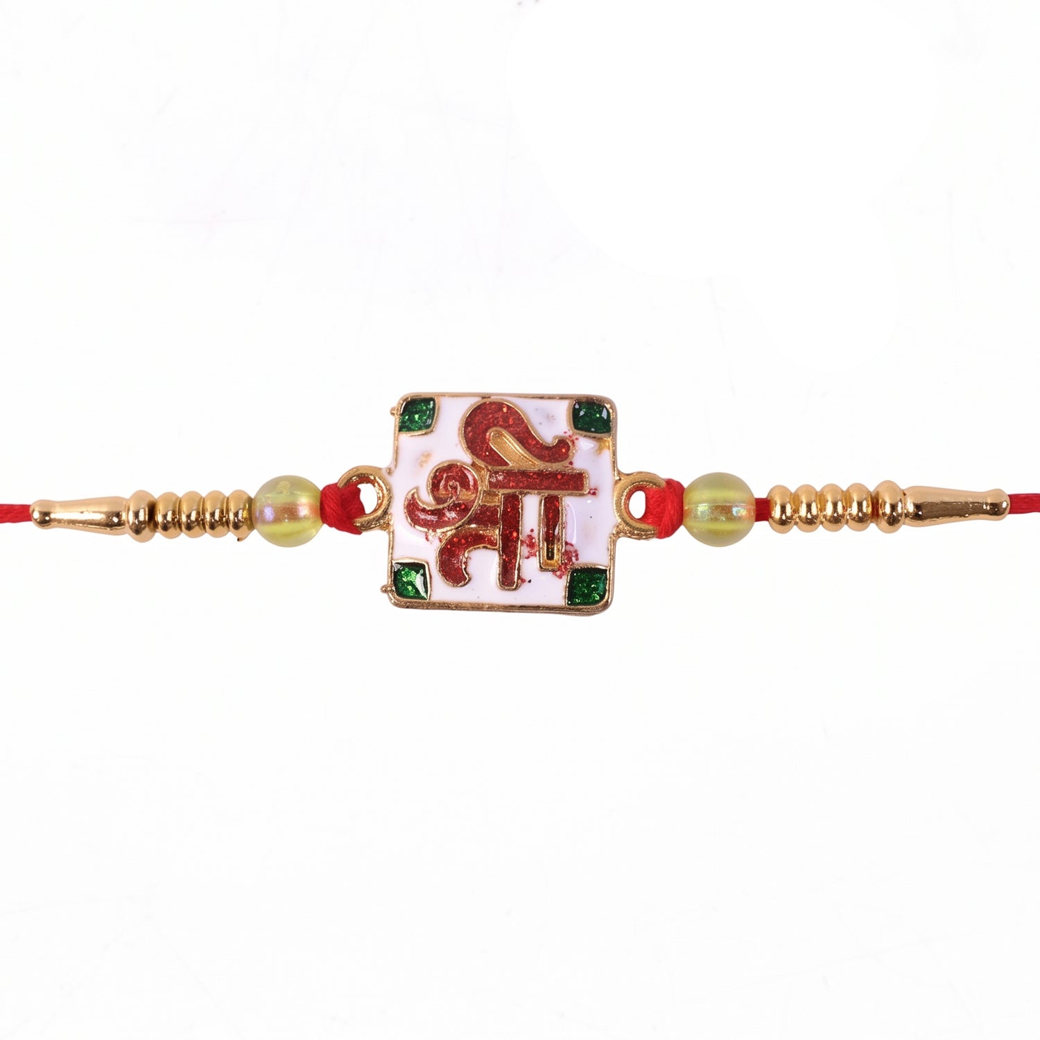 Shree Symbol Square Rakhi with Green Stones and Gold Beads