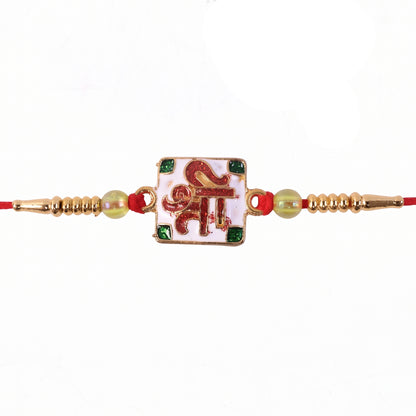 Shree Symbol Square Rakhi with Green Stones and Gold Beads