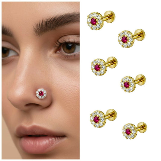 Gold plated Ruby & Diamond Floral Halo Nose Pin Labret Stud Combo Pack of 6