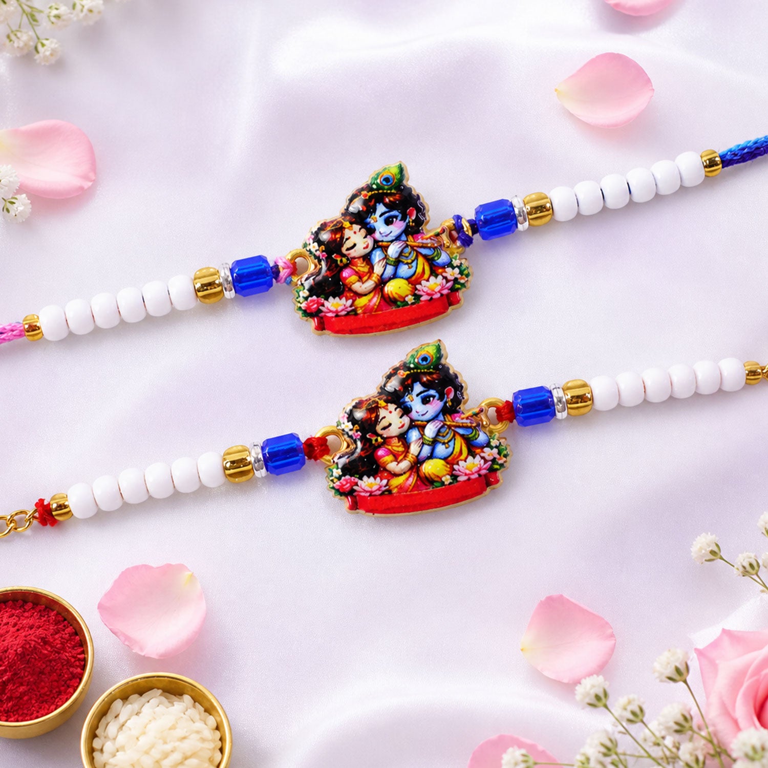 Radha Krishna Cartoon Printed Pearl Beads Bhai Bhabhi Rakhi Set