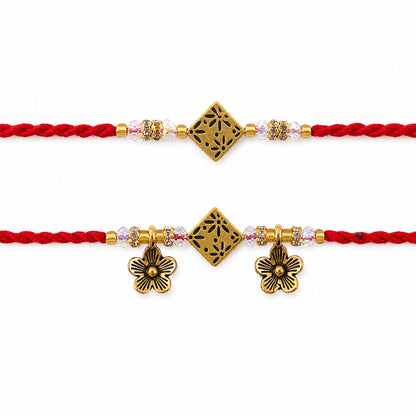 Floral Square Couple Rakhi Set with Crystal Beads and Antique Flower Lumba Charms