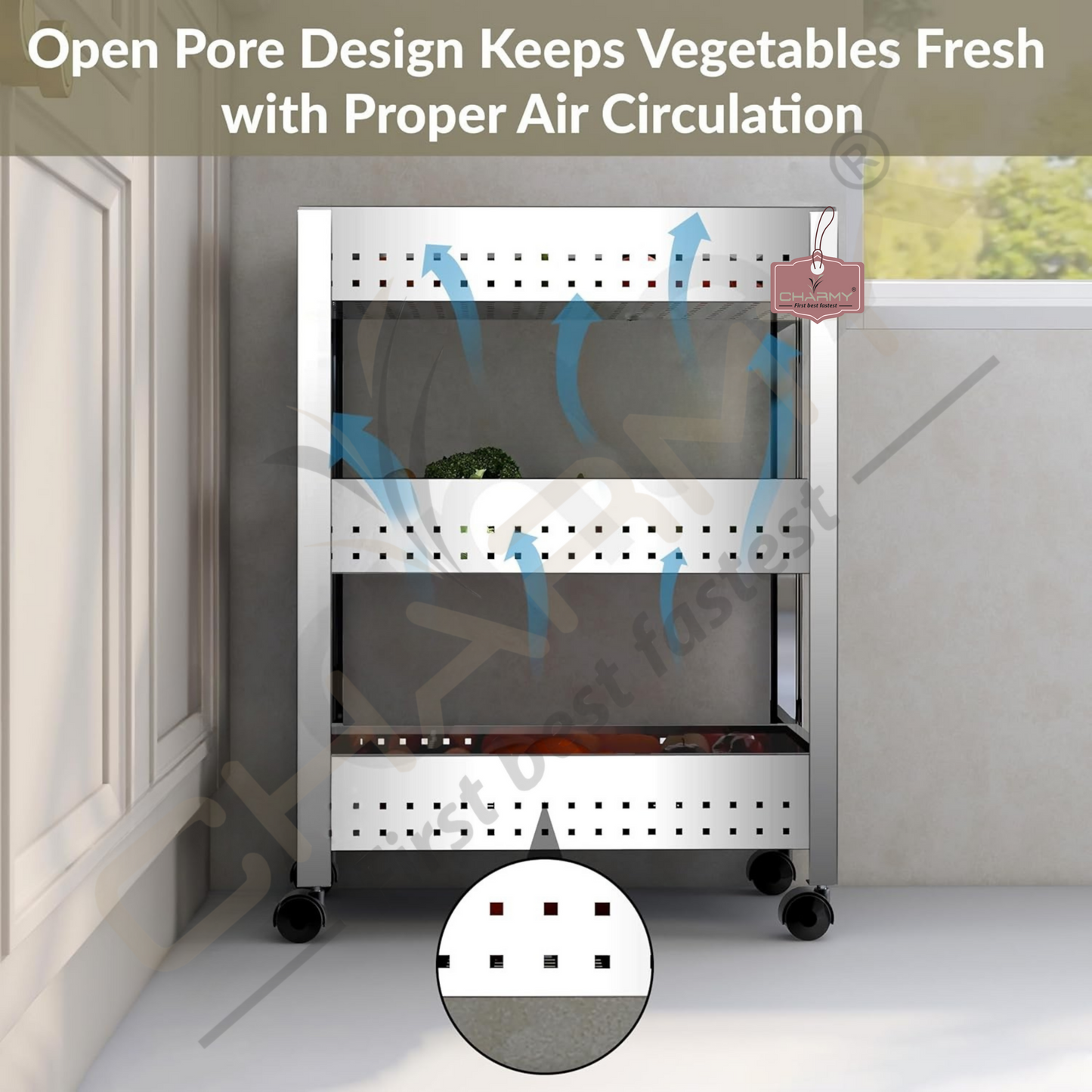 Stainless Steel 3-Tier Vegetable Storage Trolley Silver