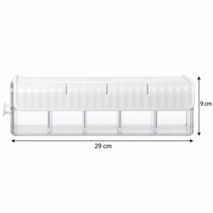 A white and clear plastic organizer with five compartments is shown with its dimensions labeled in centimeters.