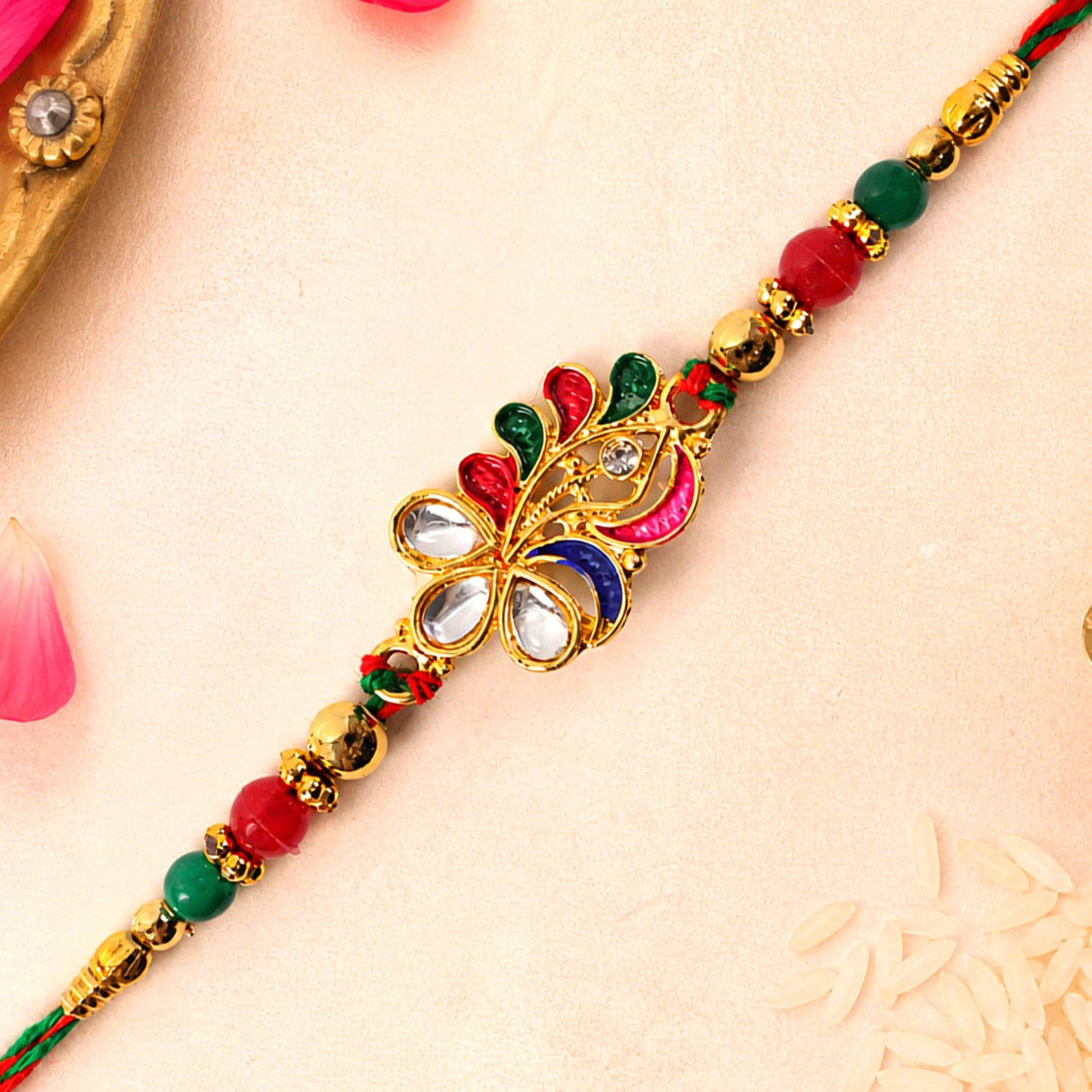 Multicolor Floral Kundan Pendant Rakhi with Green Beads