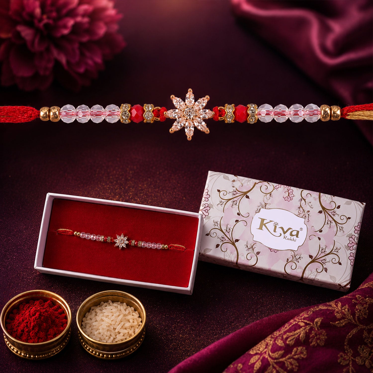 Sparkling AD Sunflower Star Designer Rakhi for Brother, Crystal Beads