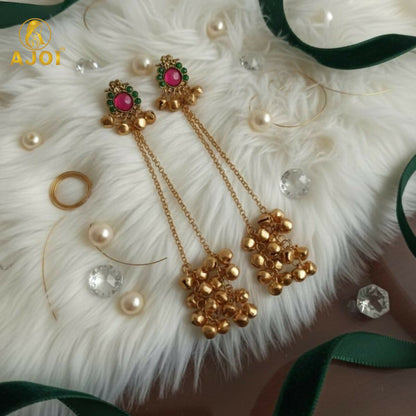 Royal Kashmiri-Inspired Gold-Plated ERuby Pink & Emerald Green Stones, Dual Chain Ghungroo Drops