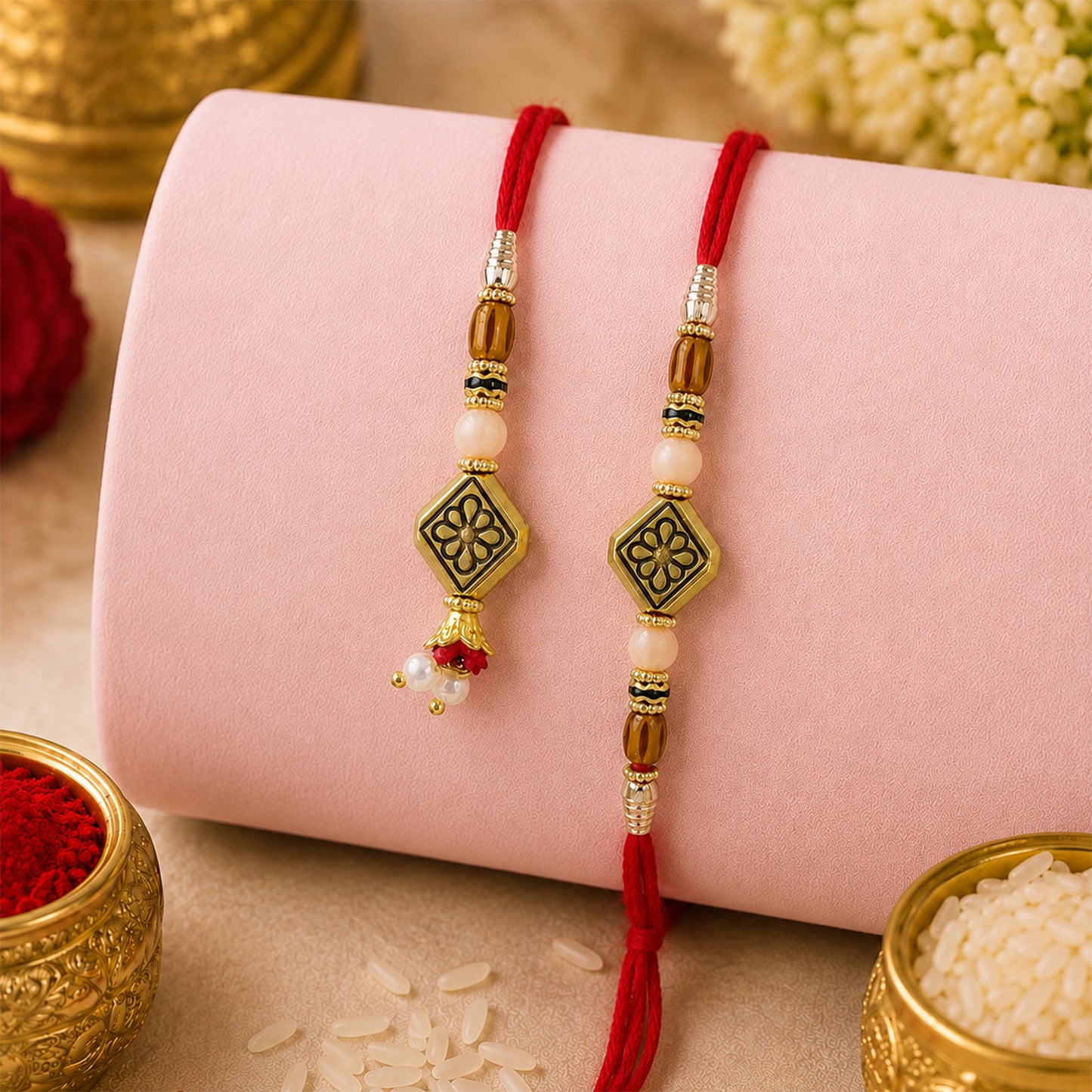 Graceful Geometric Square Bhai Bhabhi Rakhi with Black- Square Charm for Gifting