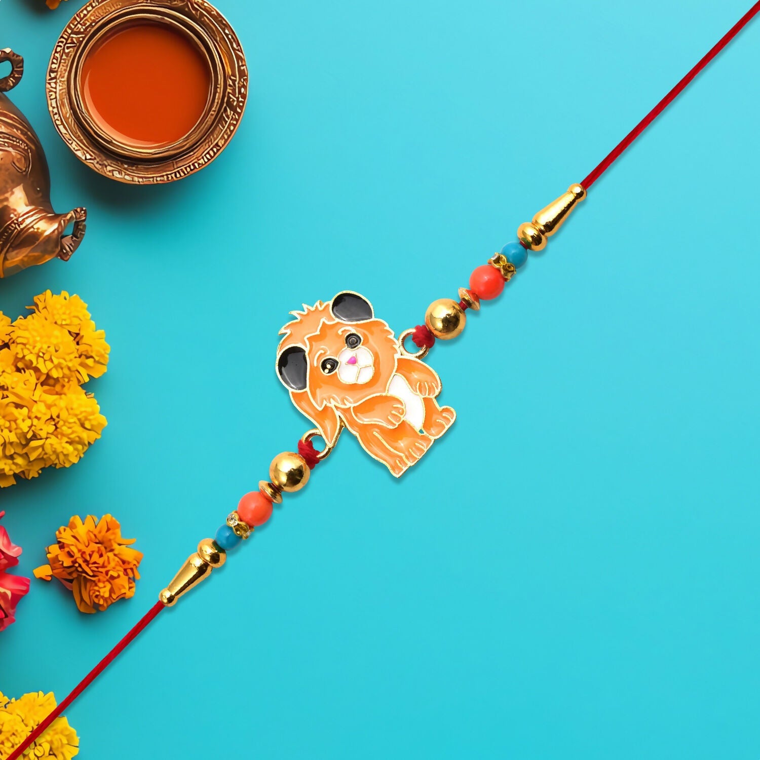 Lion Cartoon Kids Rakhi Multicolor Beads & Soft Red Thread (5pcs)