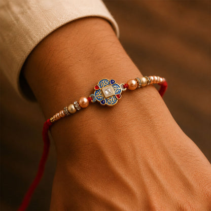 Blue Enamel Mandala Rakhi with Golden Star Detail, Roli Chawal Coin and Gift Box Packing
