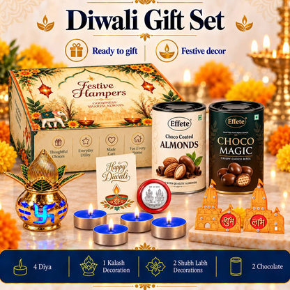 A Diwali gift set featuring a festive box, two chocolate tins, a golden kalash, four lit tealights, and decorative