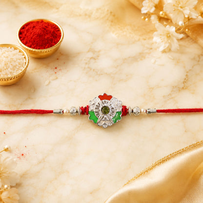 Green White Flower Rakhi with Silver Beads and Red Thread