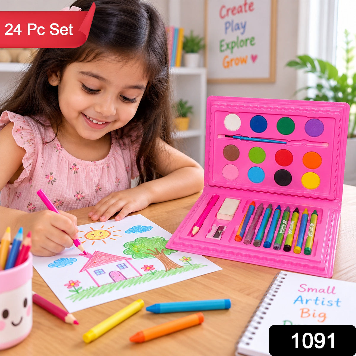 School Colour Box for Kids with Crayons, Watercolours and Pencil (24 Pc Set)