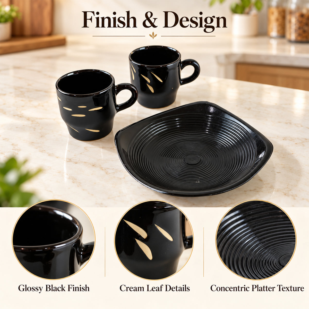 Ceramic Tea Cup Set – Includes Plastic Square Serving Platter