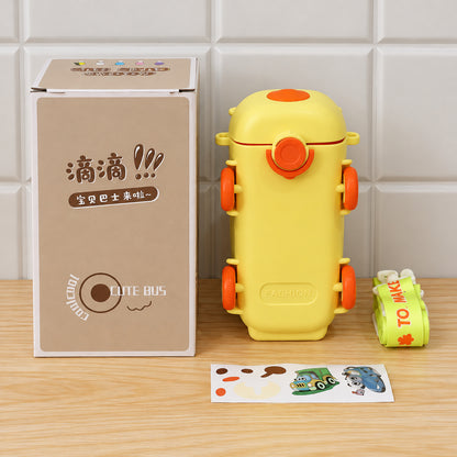Bus Shape Water Bottle with Straw, Flip Lid and Shoulder Strap (1 Pc)