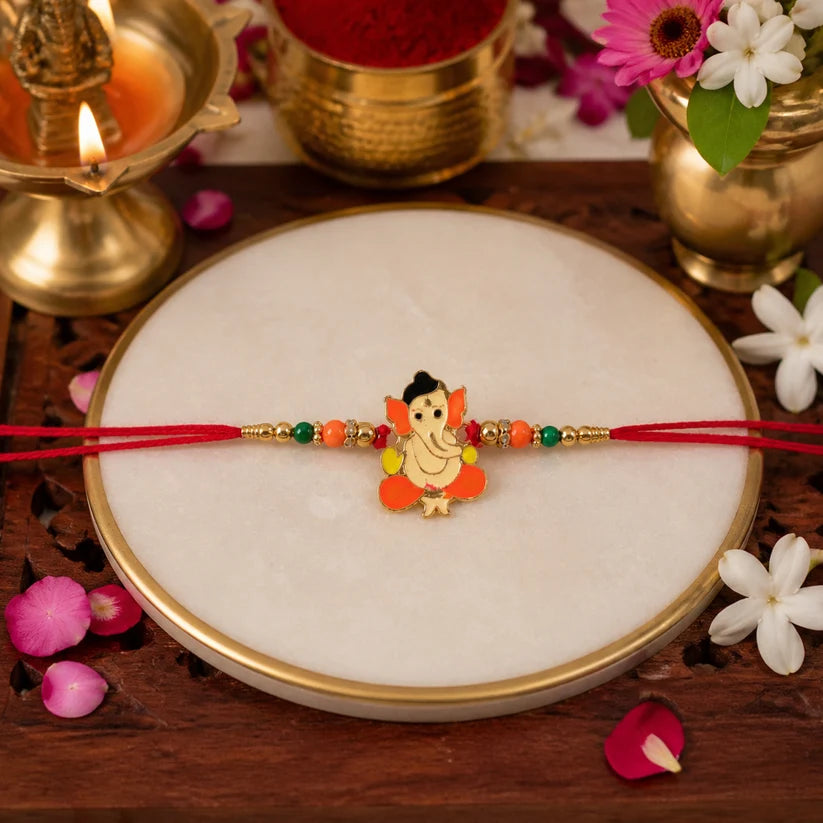 Bal Ganesha Rakhi Vibrant Orange-Green Beads & Red Thread (5pcs)