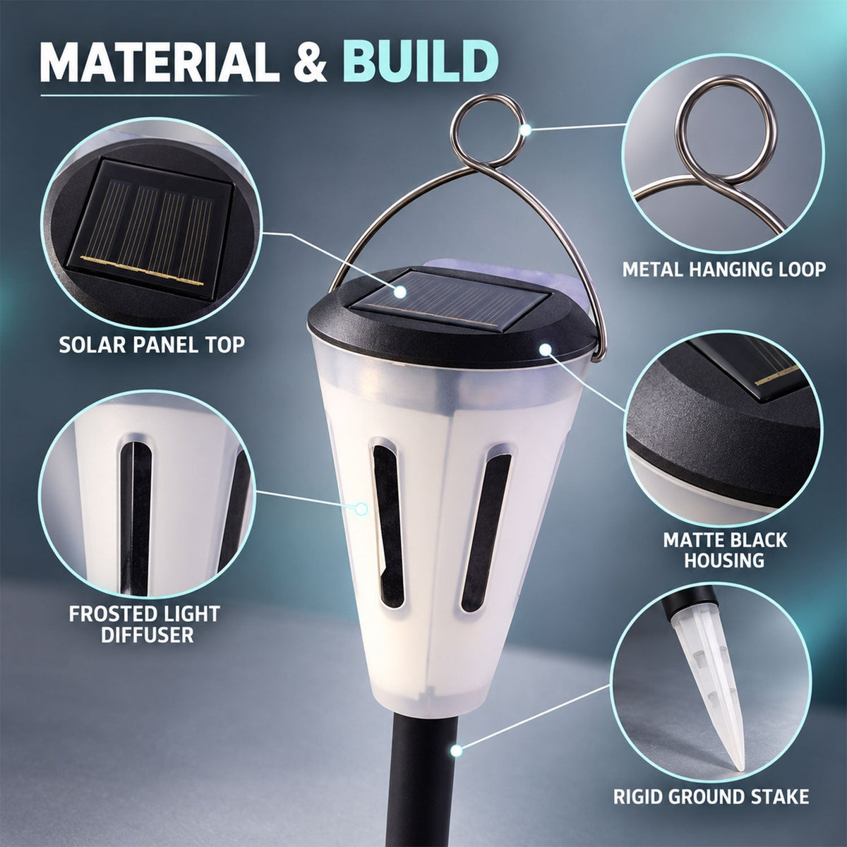 A close-up of the solar garden light highlights its components: solar panel top, metal hanging loop, matte black housing,