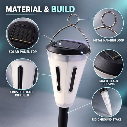 A close-up of the solar garden light highlights its components: solar panel top, metal hanging loop, matte black housing,
