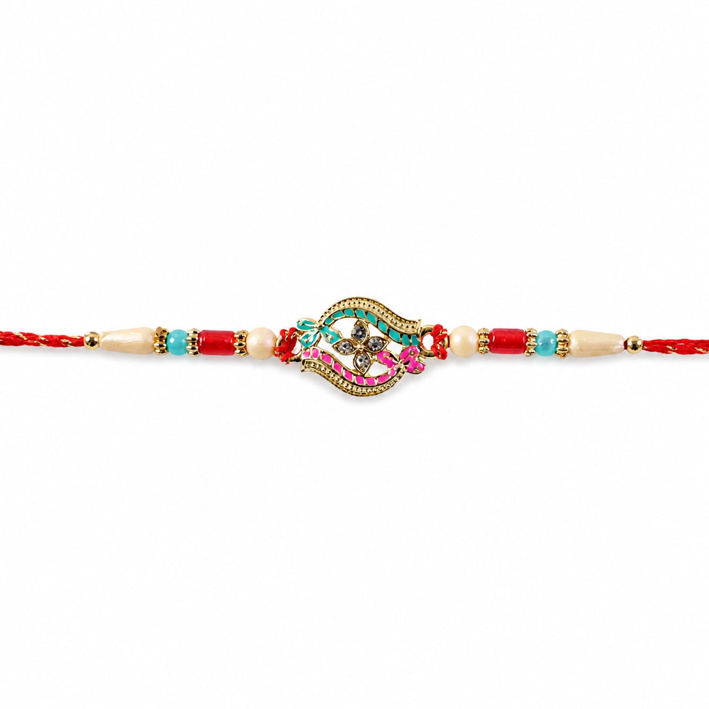 Golden Filigree Oval Floral Centerpiece Rakhi with Pink & Turquoise Enamel Detail