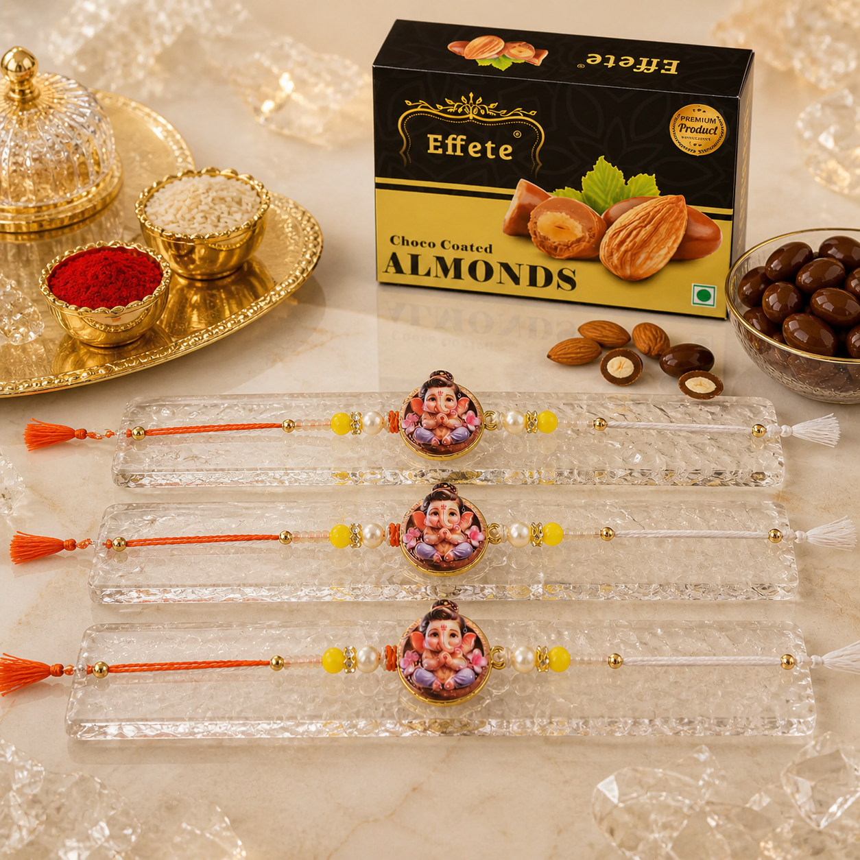 Ganesha Photo Rakhi with Chocolate Almonds, Pack of 3