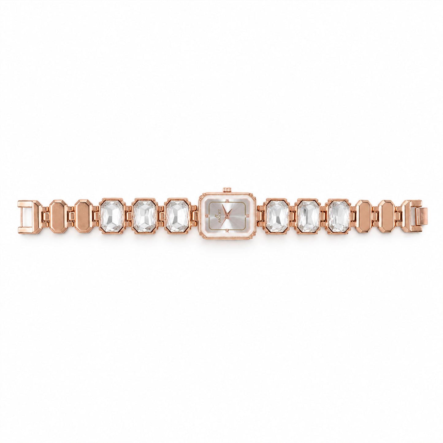 Rose Gold Watch with Square Shape Dial Bracelet Design and Black Stone Details