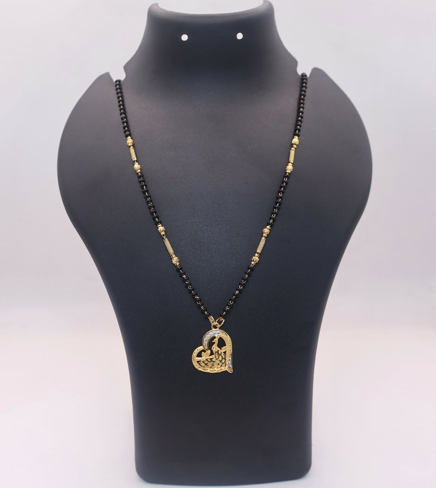 Gold-Plated AD Heart Peacock Mangal sutra with Black Beads For women