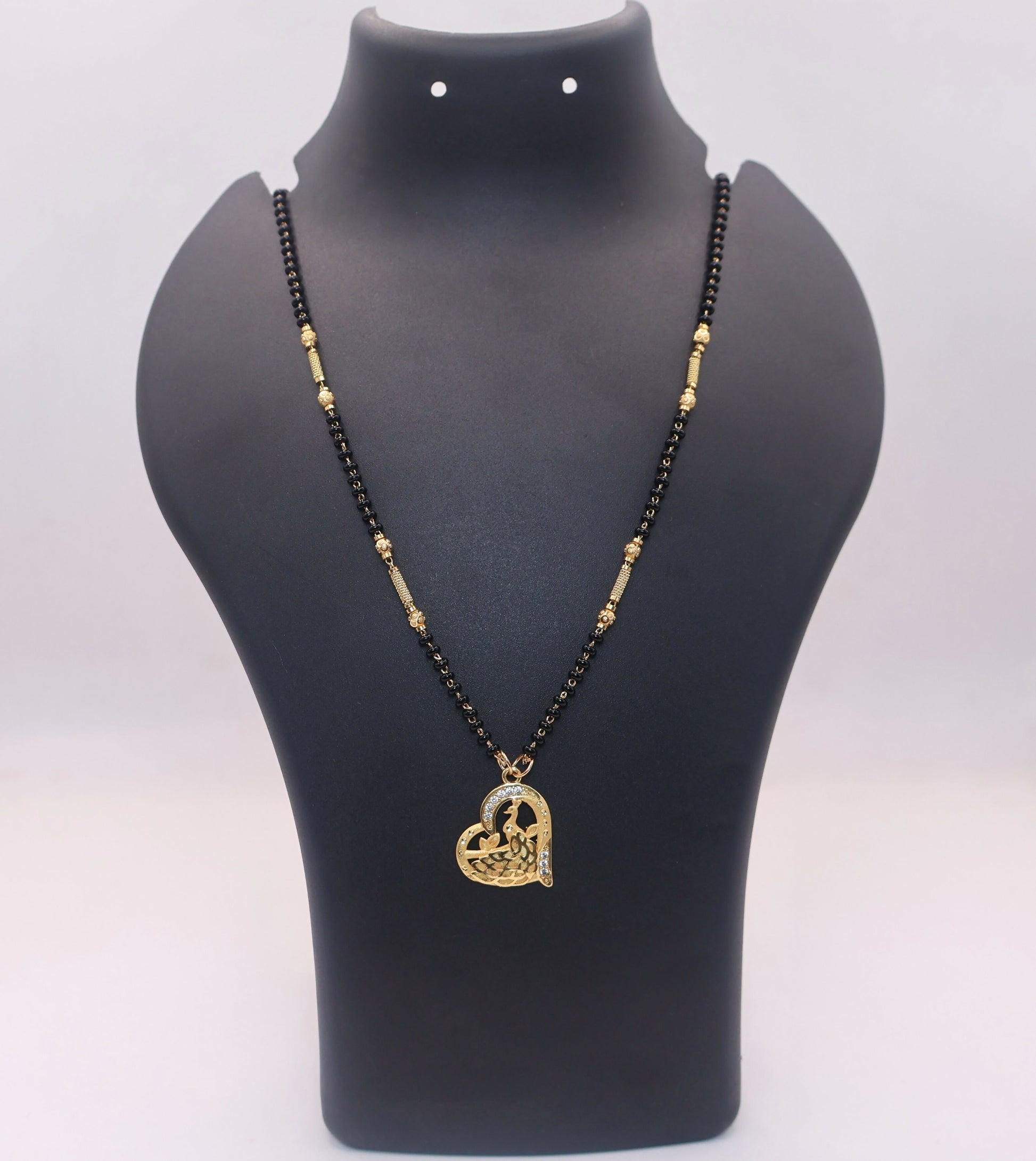 Gold-Plated AD Heart Peacock Mangal sutra with Black Beads For women