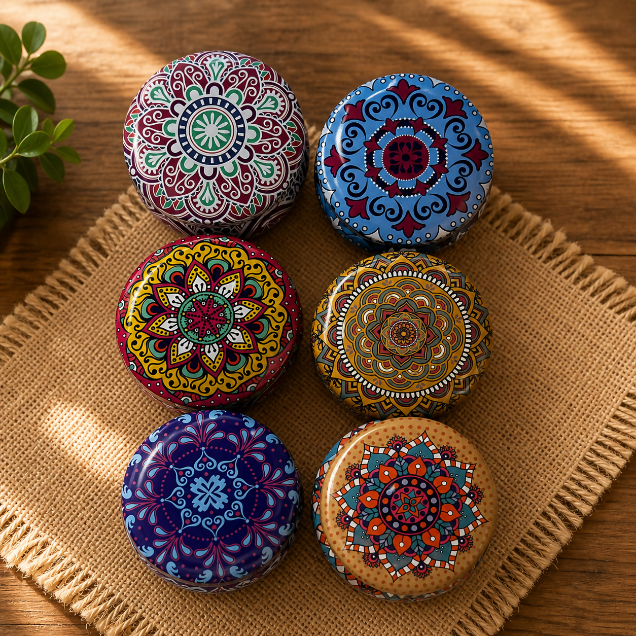 Decorative printed metal storage tin with lid front view