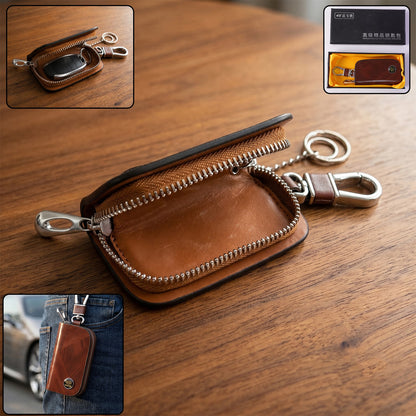 Leather Car Key Case Smart Key Holder Pouch with Zip and Snap Hook (1 Pc)